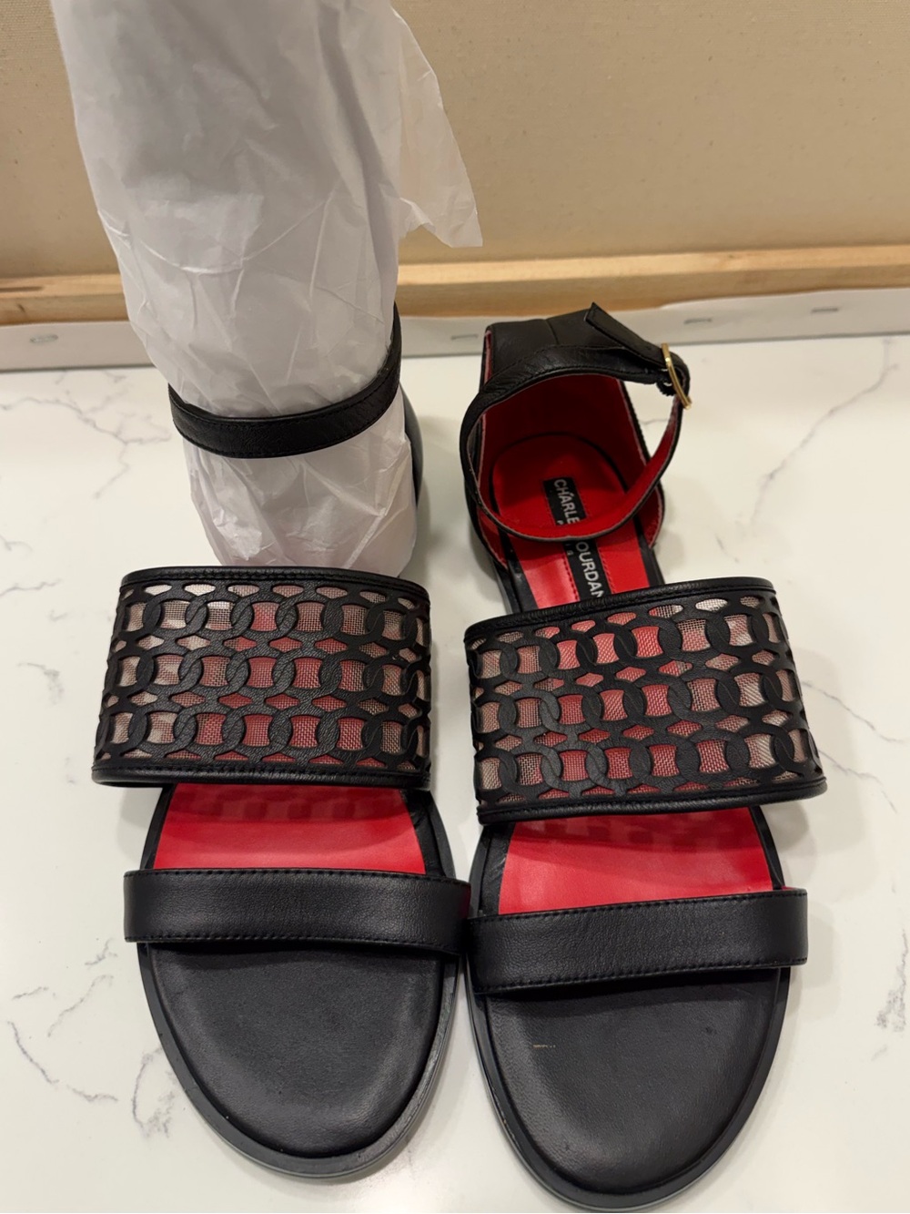 Charles Jourdan Black and Red Open-Toe Sandals